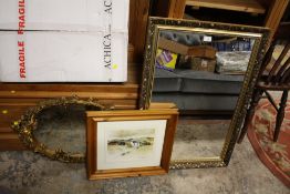 TWO GILT FRAMED WALL MIRRORS TOGETHER WITH A PRINT