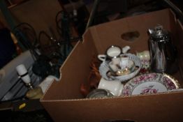 A TRAY OF ASSORTED CERAMICS TO INCLUDE COALPORT TOGETHER WITH A TRAY OF SUNDRIES TO INCLUDE MODERN
