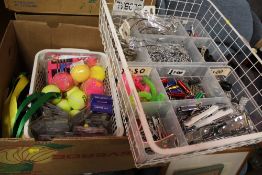A QUANTITY OF KEYRINGS TOGETHER WITH A BOX OF TENNIS BALLS, GLASSES ETC.