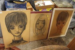 THREE RETRO STYLE HEAD AND SHOULDER PORTRAIT STUDIES IN CHARCOAL AND OTHER MEDIA SIGNED FRANCIS