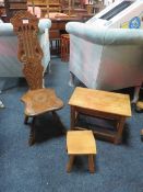 A CARVED OAK SPINNING CHAIR AND 2 STOOLS