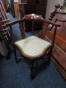 AN EDWARDIAN MAHOGANY INLAID CORNER CHAIR A/F