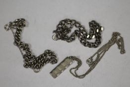 TWO SILVER CURB LINK BRACELETS AND A SILVER INGOT ON CHAIN (3)