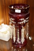 A LARGE RUBY GLASS LUSTRE, H 37 cm TOGETHER WITH A SMALL SELECTION OF GLASS LUSTRE DROPPER SPARES,