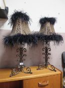 A [PAIR OF MODERN IRON AND CRYSTAL TABLE LAMPS WITH LEOPARD PRINT AND FEATHER TYPE DETAIL SHADES H-