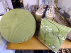 A MODERN RIB GREEN THROW , GREEN POUFFE AND A QUILTED BED THROW (3)