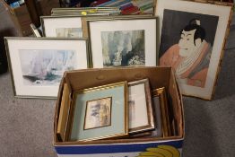 A BOX OF PICTURES AND PRINTS TO INCLUDE WATERCOLOURS, TOGETHER WITH A JAPANESE STYLE WARRIOR PRINT