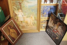 FOUR VINTAGE PRINTS TO INCLUDE A GILT FRAMED AND GLAZED PRINT OF A YOUNG GIRL WITH SHEEP, ANTIQUE