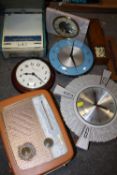 A BOX OF RETRO STYLE CLOCKS, RADIOS ETC,