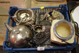 A SMALL BOX OF SILVER PLATED METALWARE PLUS A COPPER ANTELOPE PLAQUE