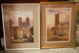 E. NEVIL (XIX-XX). Continental town scenes with horses, carts and figures, signed lower right,