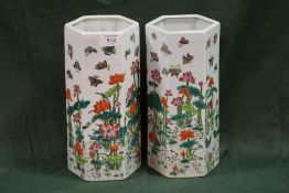 A PAIR OF CHINESE HEXAGONAL SLEEVE VASES, decorated with a pond scene with ducks and butterflies,