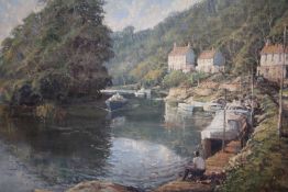 R.G.TROW (XX). Modern British school .Mill on the Avon' with boats and figures, see verso, signed