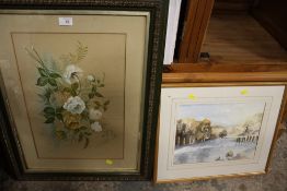 A FRAMED AND GLAZED STILL LIFE WATERCOLOUR OF FLOWERS TOGETHER WITH WATERCOLOUR OF A RIVER SCENE