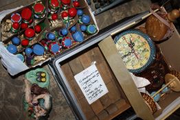 A BOX OF VINTAGE WOODEN BUILDING BLOCKS TOGETHER WITH 1970S ERA CHESS PIECES, ROMANIAN SOUVENIRS