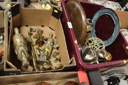 TWO BOXES OF MOSTLY BRASSWARE TO INCLUDE FIGURES, TRIVET STAND ETC.