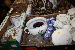 THREE BOXES OF CERAMICS AND GLASSWARE TO INCLUDE A SET OF SIX SPODE ITALIAN DESIGN SPICE JARS