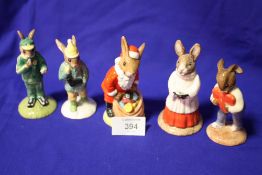 FIVE ROYAL DOULTON BUNNYKINS FIGURES TO INCLUDE 'SANTA BUNNYKINS' 'BOY SKATER BUNNYKINS'
