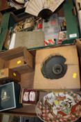 TWO TRAYS OF COLLECTABLES TO INCLUDE A 1950S PHOTOGRAPH ALBUM, VINTAGE TOP TRUMPS ETC.