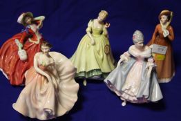 A COLLECTION OF FIVE ROYAL DOULTON LADY FIGURES 'AUTUMN BREEZES' HN1934, 'THE POLKA' HN2156, 'JULIA'