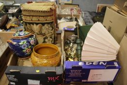 TWO TRAYS OF ASSORTED SUNDRIES TO INCLUDE LAMPS, VINTAGE BUTLERS BELL, JARDINAIRE ETC.