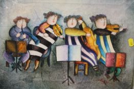 A MODERN UNFRAMED OIL ON CANVAS OF MUSICIANS SIGNED J ROYBAL