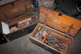 TWO WOODEN TOOL CHESTS PLUS SOME CONTENTS