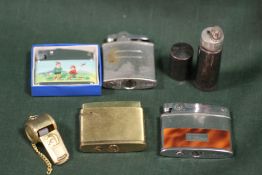 A SMALL BAG OF VINTAGE LIGHTERS TO INCLUDE A ZENITH EXAMPLE, TOGETHER WITH A WHISTLE