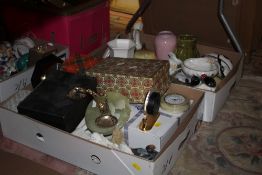 TWO TRAYS OF CERAMICS ETC TO INCLUDE A GLASS DECANTER