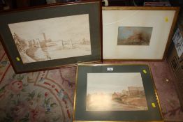 THREE ASSORTED FRAMED WATERCOLOURS TO INCLUDE SUBURBAN STREET SCENE SIGNED GEORGE LEE