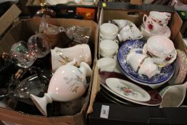 TWO TRAYS OF ASSORTED CHINA AND CERAMICS TO INCLUDE COLCLOUGH, WEDGWOOD, ROYAL DOULTON ETC.