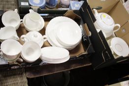 TWO BOXES OF WHITE CHINA TO INCLUDE WEDGWOOD EXAMPLES