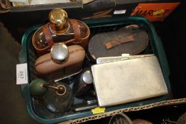 A SMALL BOX OF COLLECTABLES TO INCLUDE CASED BINOCULARS, HIP FLASKS ETC.