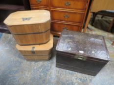 A PAIR OF COLONIAL STYLE BARREL CONTAINERS AND A MODERN WICKER EXAMPLE (3)