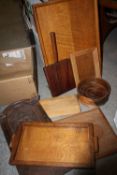 THREE BOXES OF ASSORTED TREEN TO INCLUDE FRUIT BOWLS, CARVED PANELS ETC.