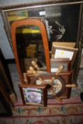 A QUANTITY OF PICTURES AND MIRRORS TO INCLUDE AN ETCHED MIRROR, SHIPS WHEEL WALL HANGING ETC