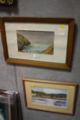 A FRAMED AND GLAZED WATERCOLOUR SEA SCAPE TOGETHER WITH A PASTEL OF A HARBOUR (20