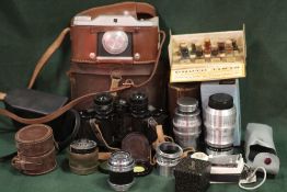A TRAY OF VINTAGE CAMERAS AND ACCESSORIES, BINOCULARS ETC.