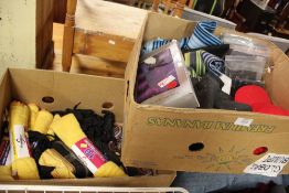 A BOX OF SHOE CLEANING ITEMS TOGETHER WITH A BOX OF CLOTHING ACCESSORIES, HATS, SCARVES ETC.