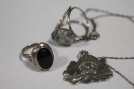 A SILVER PENDANT ON CHAIN, LOCKET RING AND ANOTHER (3)