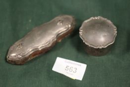 A SMALL HALLMARKED SILVER LIDDED BOX, TOGETHER WITH A BUFFER A/F