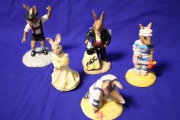 FIVE ROYAL DOULTON BUNNYKINS FIGURES TO INCLUDE 'MAGICIAN BUNNYKINS' 'TYROLEAN DANCER BUNNYKINS'