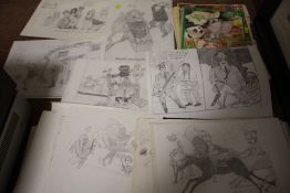 A COLLECTION OF UNFRAMED NOVELTY COMICAL PENCIL SKETCHES, SKETCH BOOKS ETC