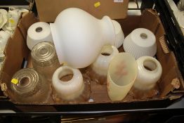 A TRAY OF VINTAGE GLASS LIGHT SHADES