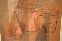 A FRAMED ABSTRACT PASTEL OF PLANT POTS