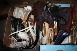 TWO BOXES OF VINTAGE LADIES SHOES AND ACCESSORIES, to include belts and scarves etc.(2)