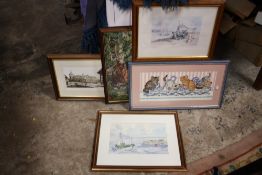 A COLLECTION OF FRAMED NEEDLEWORKS AND PRINTS TOGETHER WITH A WATERCOLOUR OF A HARBOUR SCENE (5)
