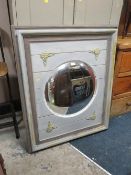 A VINTAGE PAINTED FRAMED WALL MIRROR WITH GILT FLORAL DETAIL 113 X 92 CM