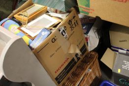 A LARGE QUANTITY OF HOUSEHOLD SUNDRIES TO INCLUDE A WICKER PICNIC HAMPER, STEEL TOP CAPPED BOOTS ETC