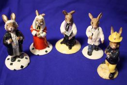 FIVE ROYAL DOULTON BUNNYKINS FIGURES, TO INCLUDE 'DOCTOR BUNNYKINS' 'LAWYER BUNNYKINS' ETC.